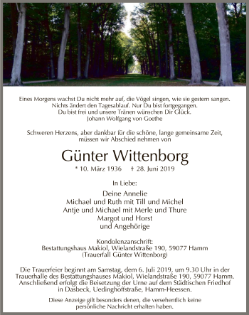 Todesanzeige von Günter Wittenborg von MZV