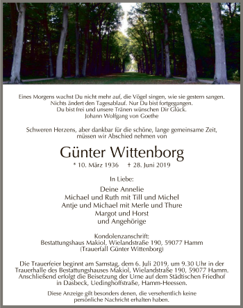 Todesanzeige von Günter Wittenborg von MZV