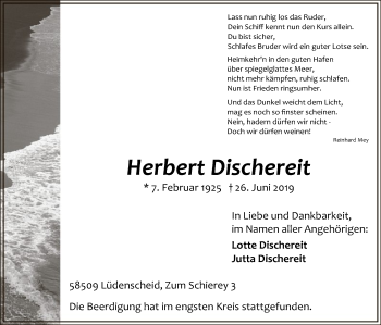 Todesanzeige von Herbert Dischereit von MZV