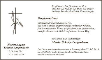 Todesanzeige von Hubert August Schulze Langenhorst von MZV