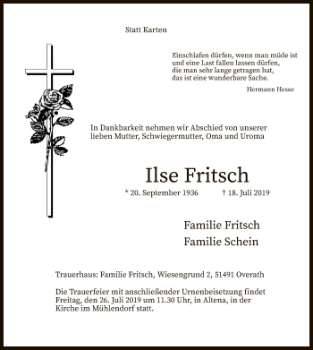 Todesanzeige von Ilse Fritsch von MZV