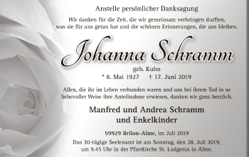 Todesanzeige von Janna Schramm von MZV