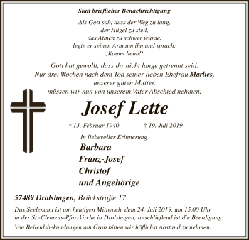 Todesanzeige von Josef Lette von MZV
