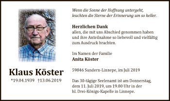 Todesanzeige von Klaus Köster von MZV