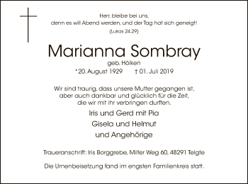 Todesanzeige von Marianna Sombray von MZV