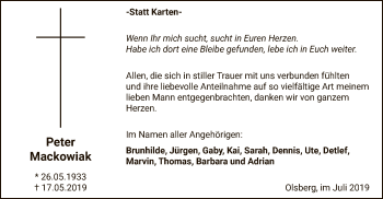 Todesanzeige von Peter Mackowiak von MZV
