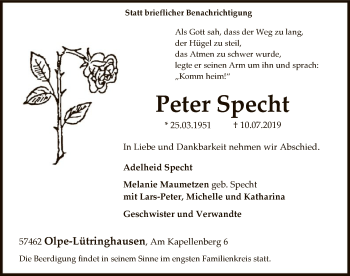 Todesanzeige von Peter Specht von MZV
