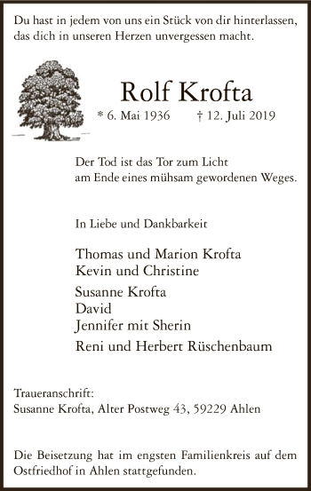 Todesanzeige von Rolf Krofta von MZV