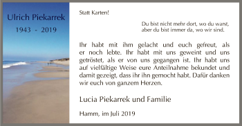 Todesanzeige von Ulrich Piekarrek von MZV