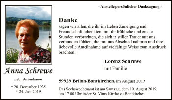 Todesanzeige von Anna Schrewe von MZV
