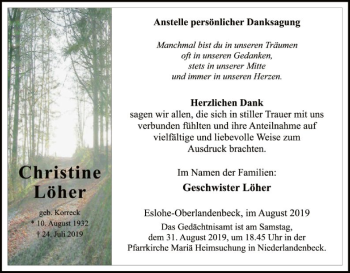 Todesanzeige von Christine Löher von MZV