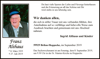 Todesanzeige von Franz Althaus von MZV