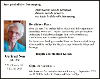 Todesanzeige von Gertrud Neu von MZV
