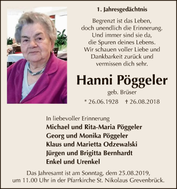 Todesanzeige von Hanni Pöggeler von MZV