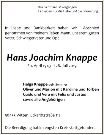 Todesanzeige von Hans Joachim Knappe von MZV