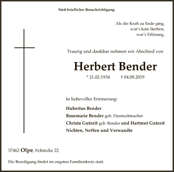 Todesanzeige von Herbert Bender von MZV