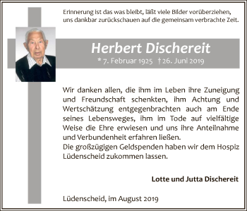 Todesanzeige von Herbert Dischereit von MZV