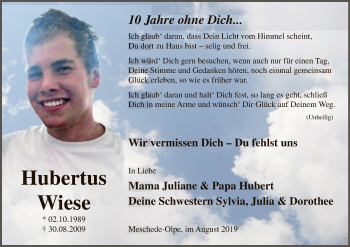 Todesanzeige von Hubertus Wiese von MZV