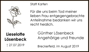 Todesanzeige von Lieselotte Lösenbeck von MZV