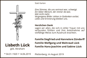 Todesanzeige von Lisbeth Lück von MZV