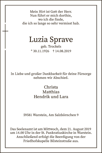 Todesanzeige von Luzia Spraye von MZV