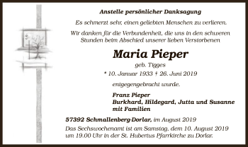 Todesanzeige von Maria Pieper von MZV