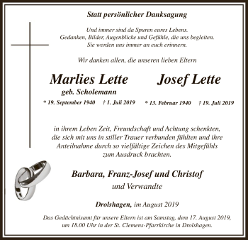 Todesanzeige von Marlies und Josef Lette von MZV