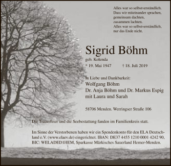Todesanzeige von Sigrid Böhm von MZV