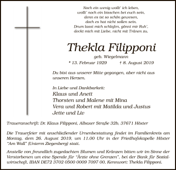 Todesanzeige von Thekla Filipponi von MZV