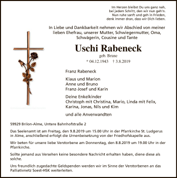 Todesanzeige von Uschi Rabeneck von MZV