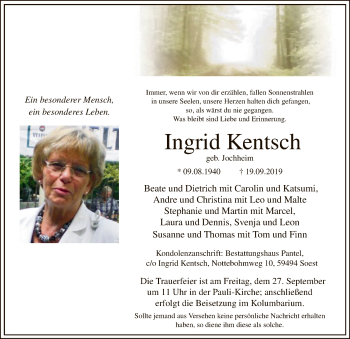 Todesanzeige von Ingrid Kentsch von MZV