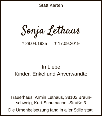 Todesanzeige von KSonja Lethaus von MZV