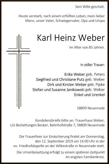 Todesanzeige von Karl Heinz Weber von MZV