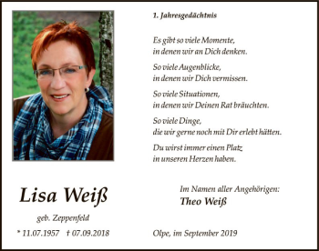 Todesanzeige von Lisa Weiß von MZV