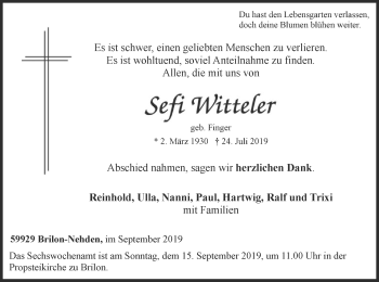 Todesanzeige von Sefi Winder von MZV