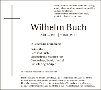 Todesanzeige von Wilhelm Buch von MZV