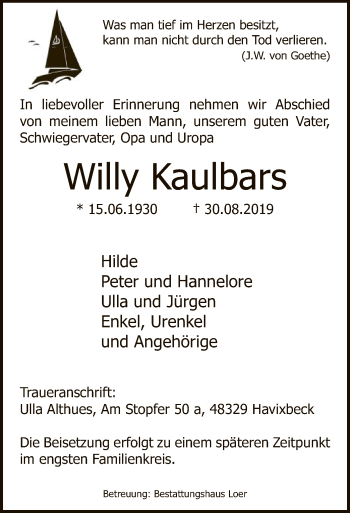 Todesanzeige von Willy Kaulbars von MZV
