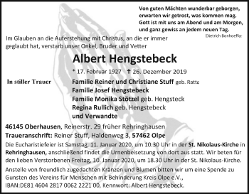 Todesanzeige von Albert Hengstebeck von MZV