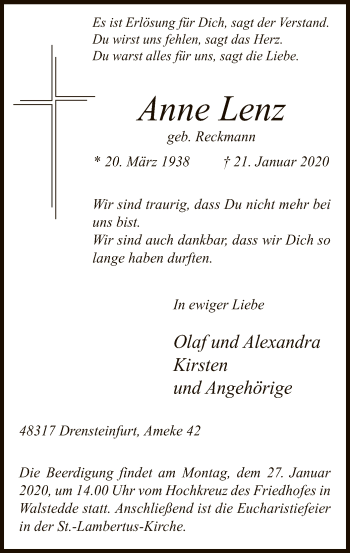 Todesanzeige von Anne Lenz von MZV