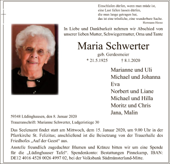 Todesanzeige von Maria Schwerter von MZV