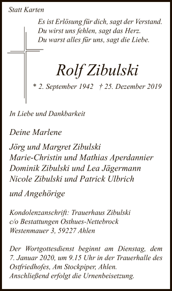 Todesanzeige von Rolf Zibulski von MZV