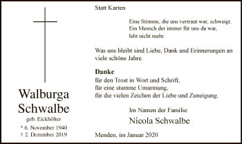 Todesanzeige von Walburga Schwalbe von MZV