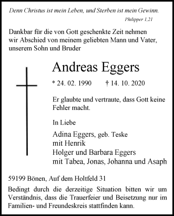 Todesanzeige von Andreas Eggers von WA