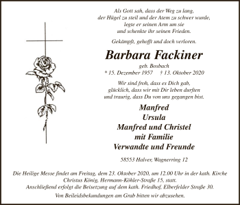 Todesanzeige von Barbara Fackiner von WA