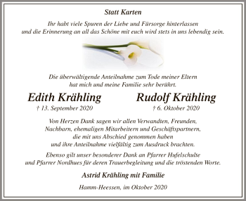 Todesanzeige von Edith und Rudolf Krähling von WA