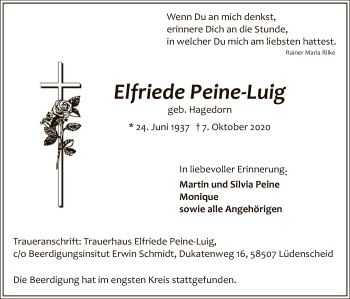 Todesanzeige von Elfriede Peine-Luig von WA