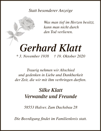 Todesanzeige von Gerhard Klatt von WA