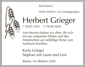 Todesanzeige von Herbert Grieger von WA