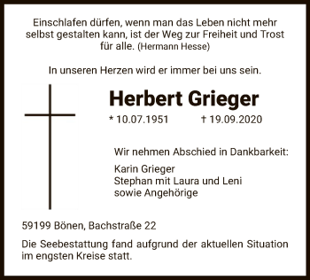 Todesanzeige von Herbert Grieger von WA