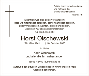 Todesanzeige von Horst Olschewski von WA